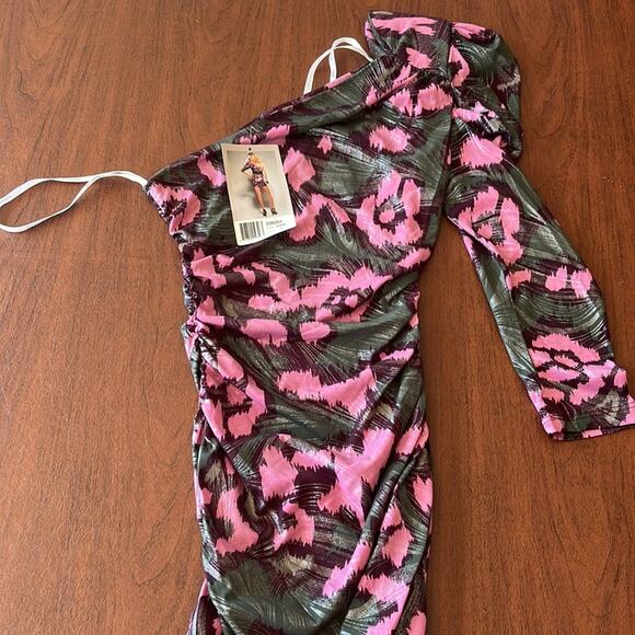 Forplay Bodycon One Sleeve Dress Pink Green Small - Picture 6 of 12